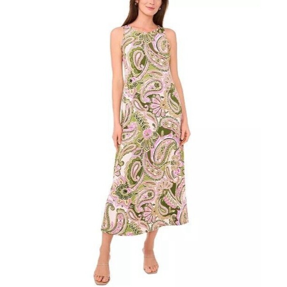 MSK New LARGE Maxi Dress Women's Paisley Sleeveless Green Mult USA MADE 3986938T